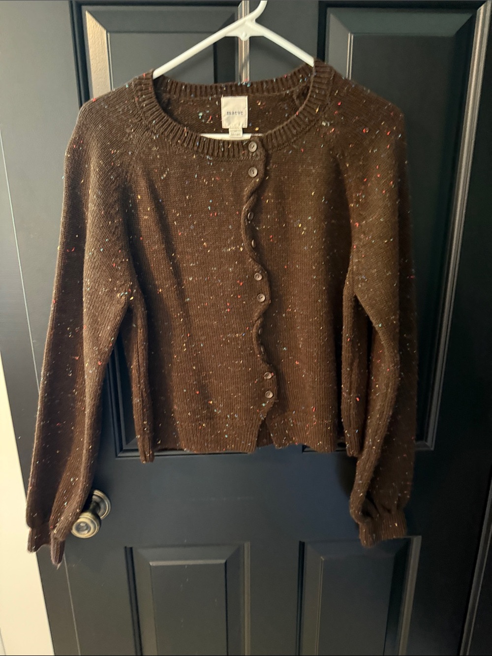 Maeve Chocolate Brown Speckled Scallop-Trim Cardigan